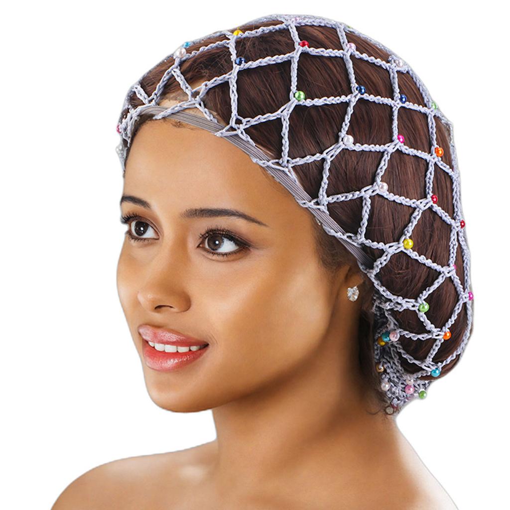 Mesh Hair Net Polyester Knit Snoods Crocheted Sleep Cap with Faux Pearls Decoration Fashionable Head Cover for Women
