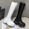Зимние высокие сапоги до колена Женские Черные Панк Кожаные Боевые Сапоги Готический Стиль Длинные Сапоги
