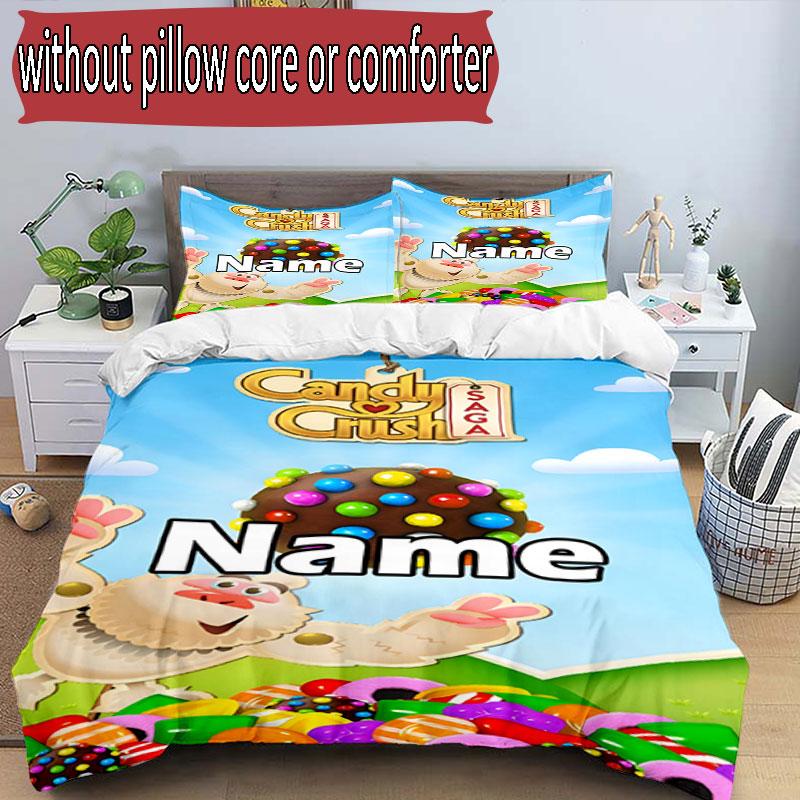 3pcs Duvet Cover Set (1*Duvet Cover + 2*Pillowcase, Without Core), Custom Name Candy Crush Saga Pattern Bedding Set, Home Bedroom Decor Gift