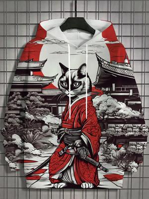 Осень и зима Новая мужская толстовка с капюшоном с 3D принтом во весь рост и принтом японского самурая и котенка унисекс повседневная модная мужская толстовка с капюшоном