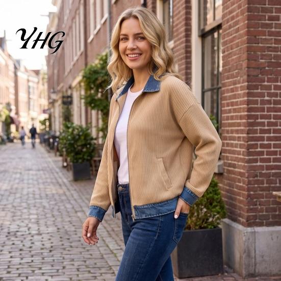 Ladies Denim Coat Women Corduroy Zip-Up Jacket, Long Sleeve Casual Coat, Soft Jacket Fall Winter with Contrast Turndown Collar Comfortable Daily