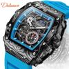 Fashion Skeleton Flywheel Sports Watches For Men Automatic Mechanical Watch Luxury Luminous Moon Phase Tonneau WristWatch