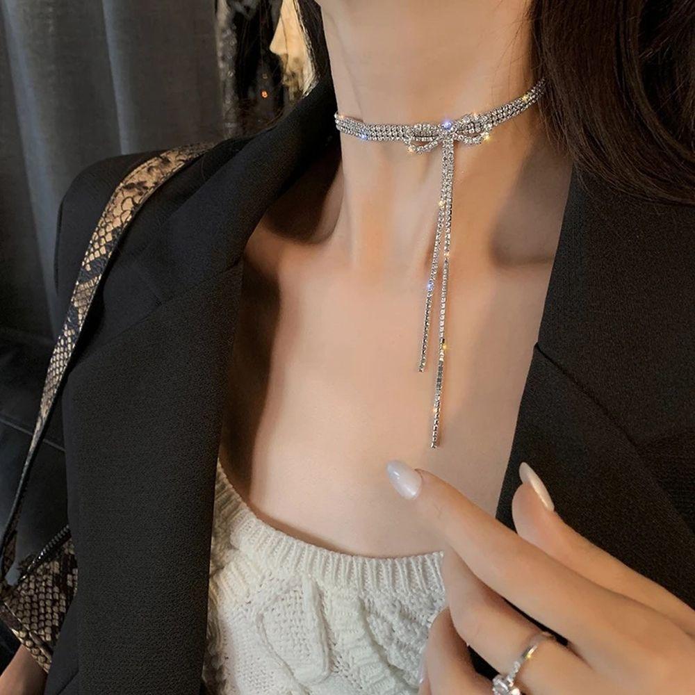 Party Trendy Chain Zircon Tassel Bow Woman Clavicle Choker Korean Necklace Neck Jewelry Crystal