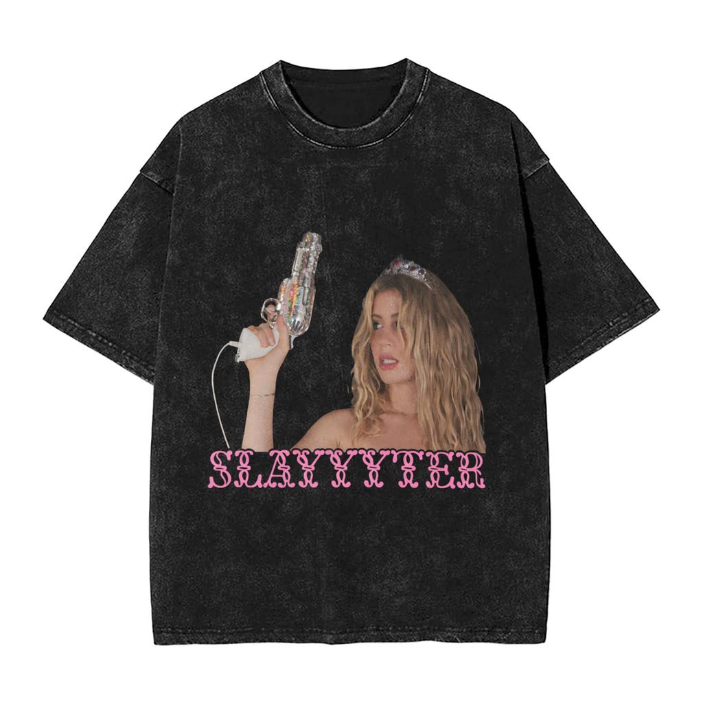 Slayyyter Men T Shirts Washed Funny Tee Shirt Short Sleeve Round Collar Tshirt Cotton Plus Size Clothing