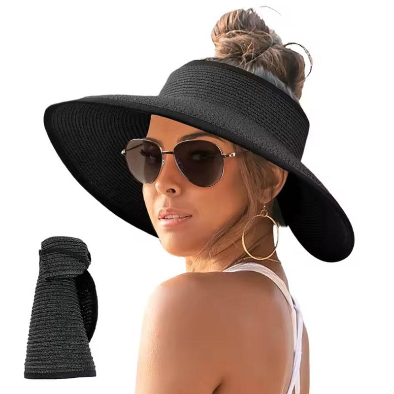 Straw Hat Women Foldable Visor Hats,Sun Visors for Women Wide Brim Straw Ponytail Summer Beach Hat