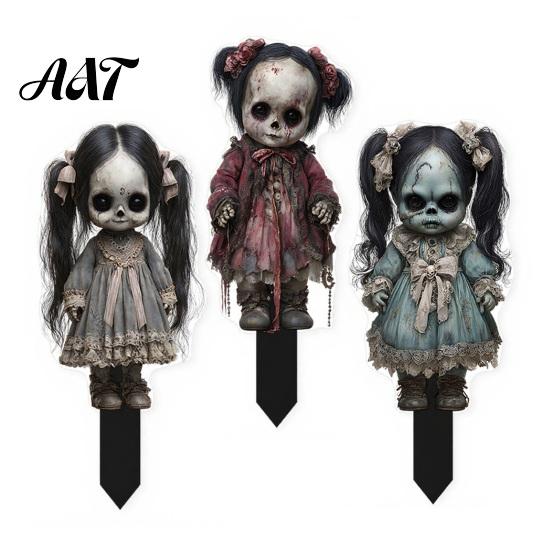 Decorative Garden Signs Halloween Scarecrow Stake, 2D Flat Creepy Zombie Ornament, Spooky Doll Black Ground Stakes Decoration, Scary Yard Art Sign for