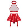 Womens Patent Leather Lingerie Set O-Ring Halter Backless Crop Top Built-in Thong Ruffle Miniskirt