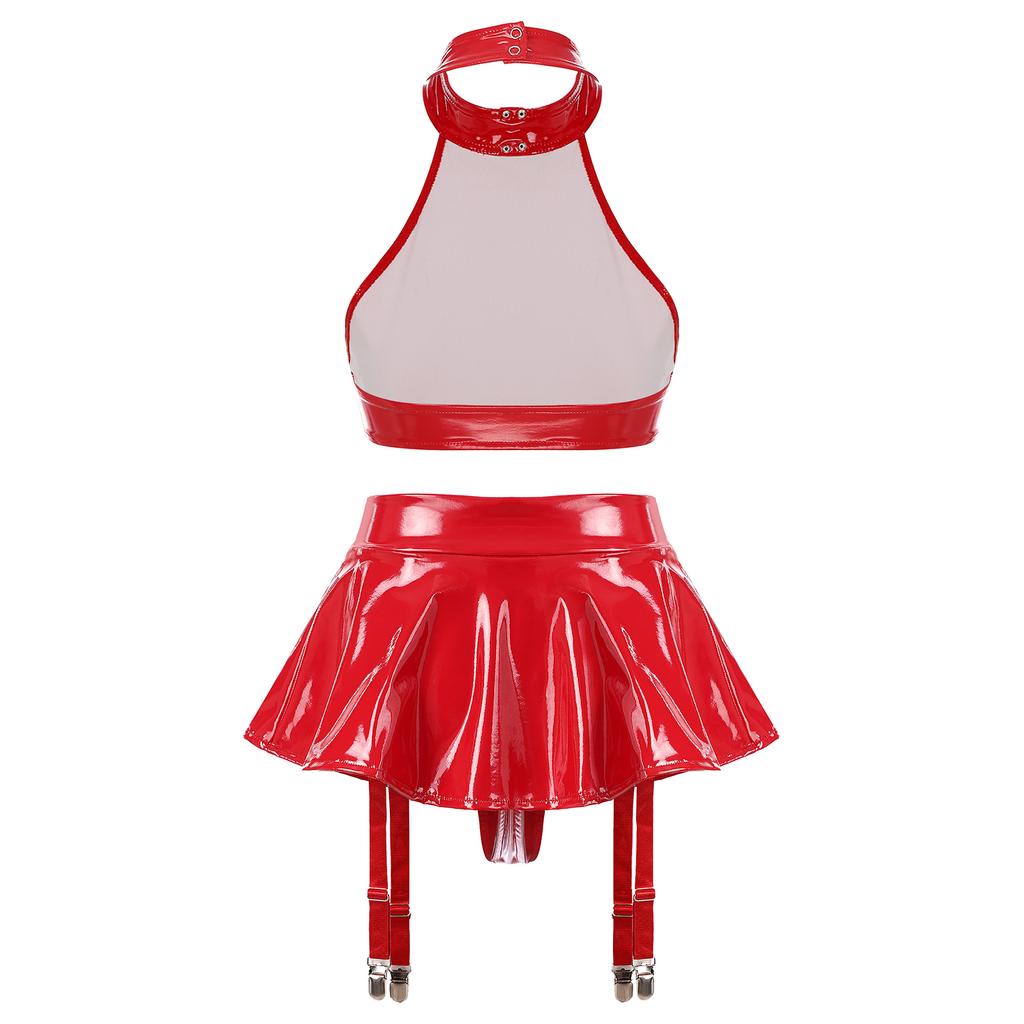 Womens Patent Leather Lingerie Set O-Ring Halter Backless Crop Top Built-in Thong Ruffle Miniskirt