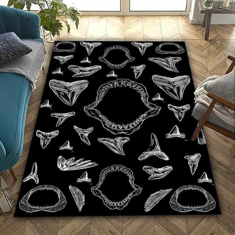 3D Shark Theme Printed Carpet Edgy Nautical Horror Statement Rug for Living Rooms Bedrooms, Office Areas, Durable Washable Mats