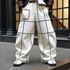 Oversized Men Zipper Waist Side Pockets Plaid Casual Loose Long Trousers Pants