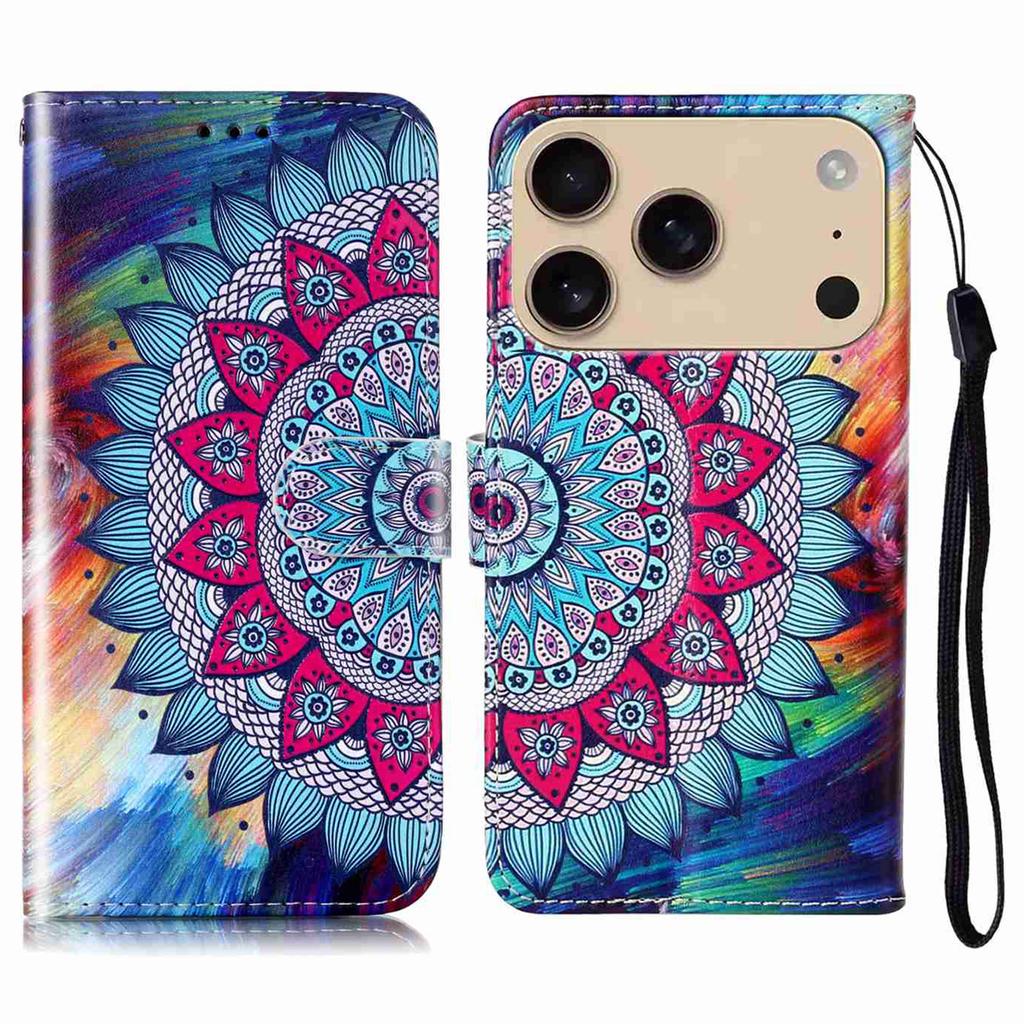 For iPhone 17 Pro Case Pattern Leather Wallet Phone Cover with Strap