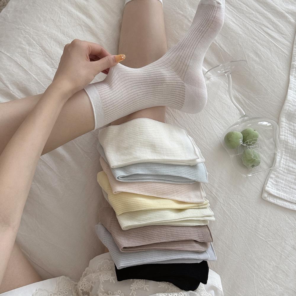 Boneless socks women's Korean version ins vertical striped medium tube socks spring and summer thin silk stacking socks