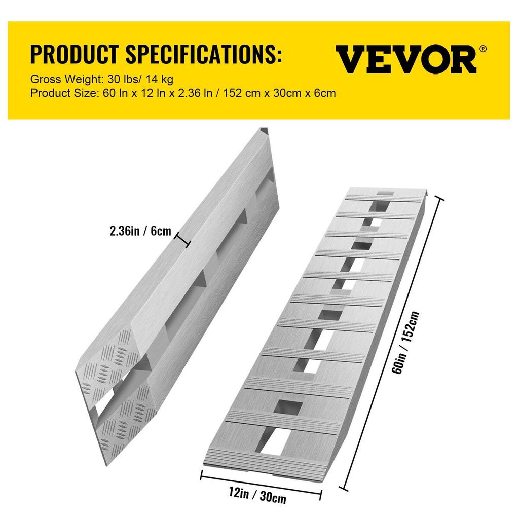 60\'\' X 12\'\' Aluminum Trailer Ramps 6000LBS Total Beavertail Hook End 1 Pair 2 Ramps