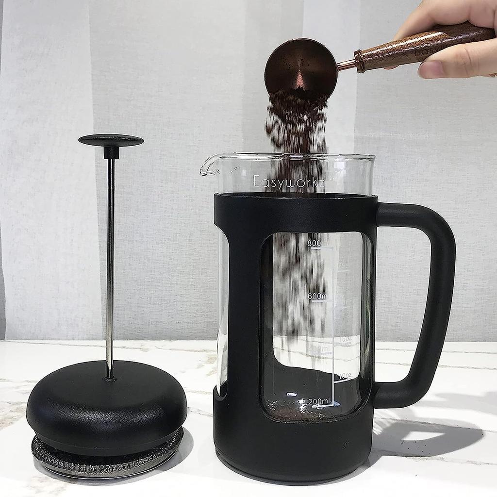 Easyworkz Heat-Resistant Glass French Press for Coffee & Tea, Soft Grip, 1000ml (8 Cups), Black