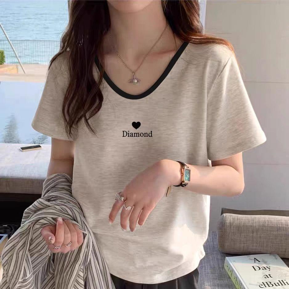 Front shoulder v-neck printed short-sleeved t-shirt Korean ins new popular women's summer thin belly cover top tide