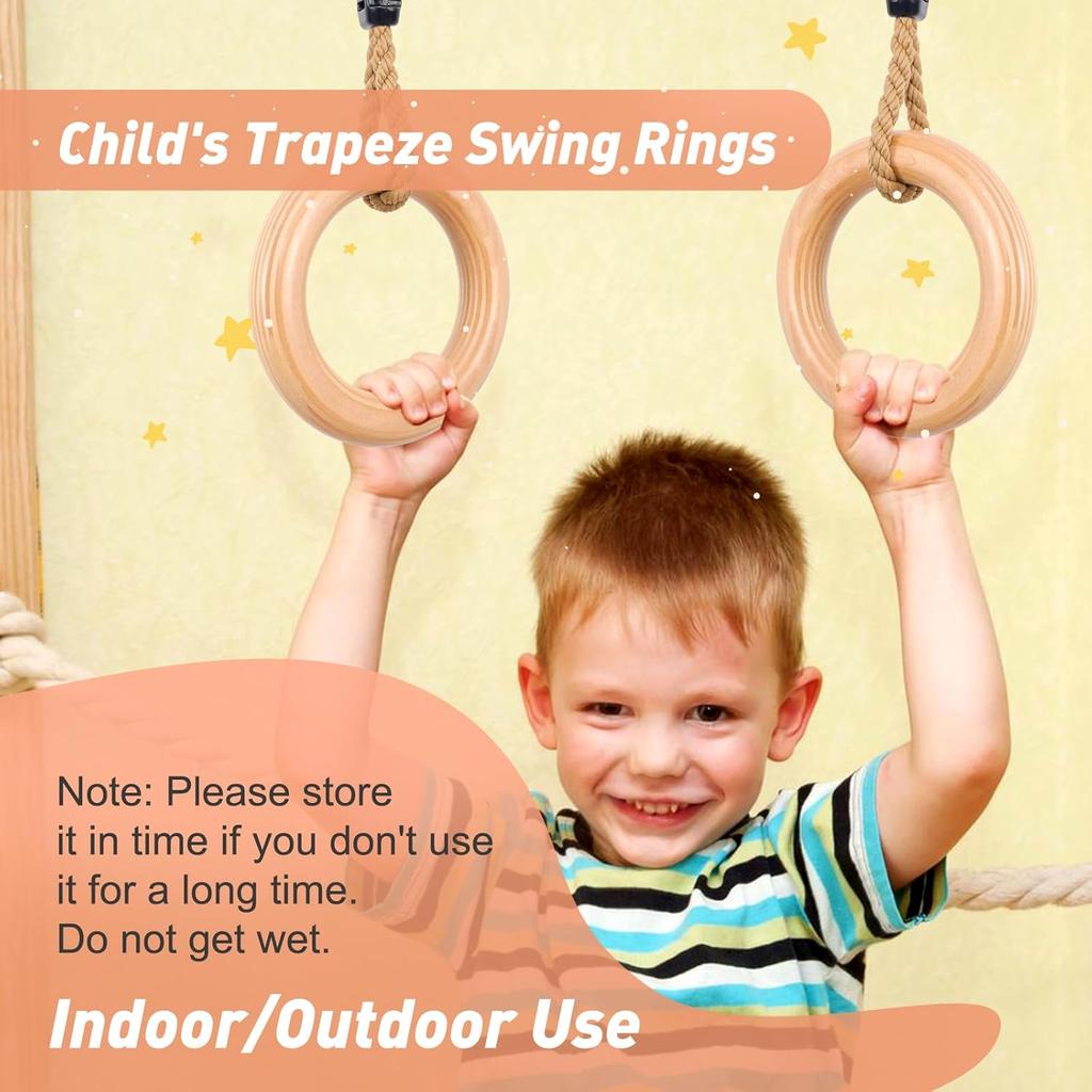 YAERSI Wooden Gymnastics Rings,Pull up Rings with Adjustable Buckle, Wooden Swing Rings for Kid's Home Exercise
