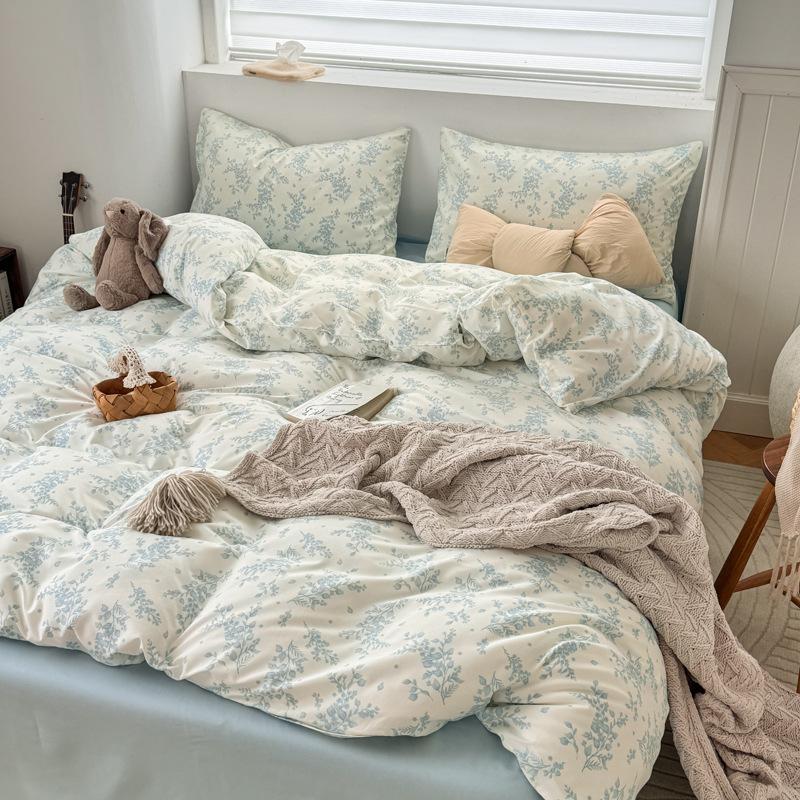 Постельное белье Набор из четырех предметов Приятный к коже Дышащий и Удобный, Мелкий цветочный Стиранные простыни Пододеяльники Наволочки