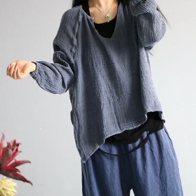 Женские осенние льняные винтажные однотонные футболки с круглым вырезом и длинными рукавами, свободные повседневные пуловеры, женская футболка