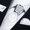 Formal White Necktie Set for Men Silver Ring Striped Silk Woven Ties Hanky Cufflinks for Wedding