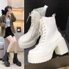 Round Head Thick Heel Lace-up Martin Boots Women's High Heel Waterproof Platform Platform Platform Short Boots Small Retro White Soft Leather Boots