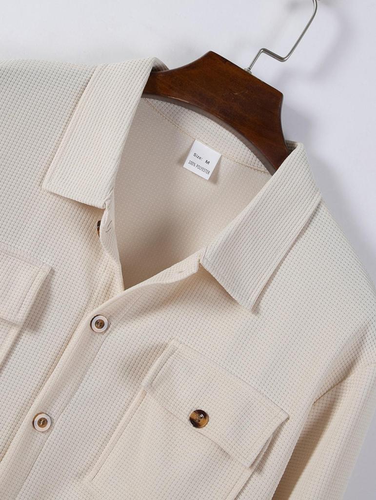 Men's Solid Color Waffle Cardigan with Double Pockets and Buttoned Long Sleeves