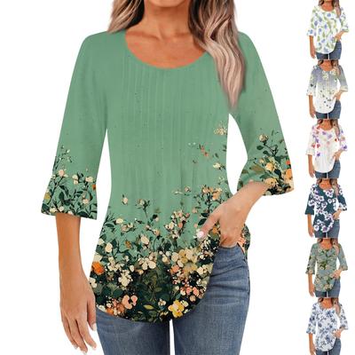 Женская модная повседневная плиссированная футболка с круглым вырезом и цветочным принтом, рукав три четверти