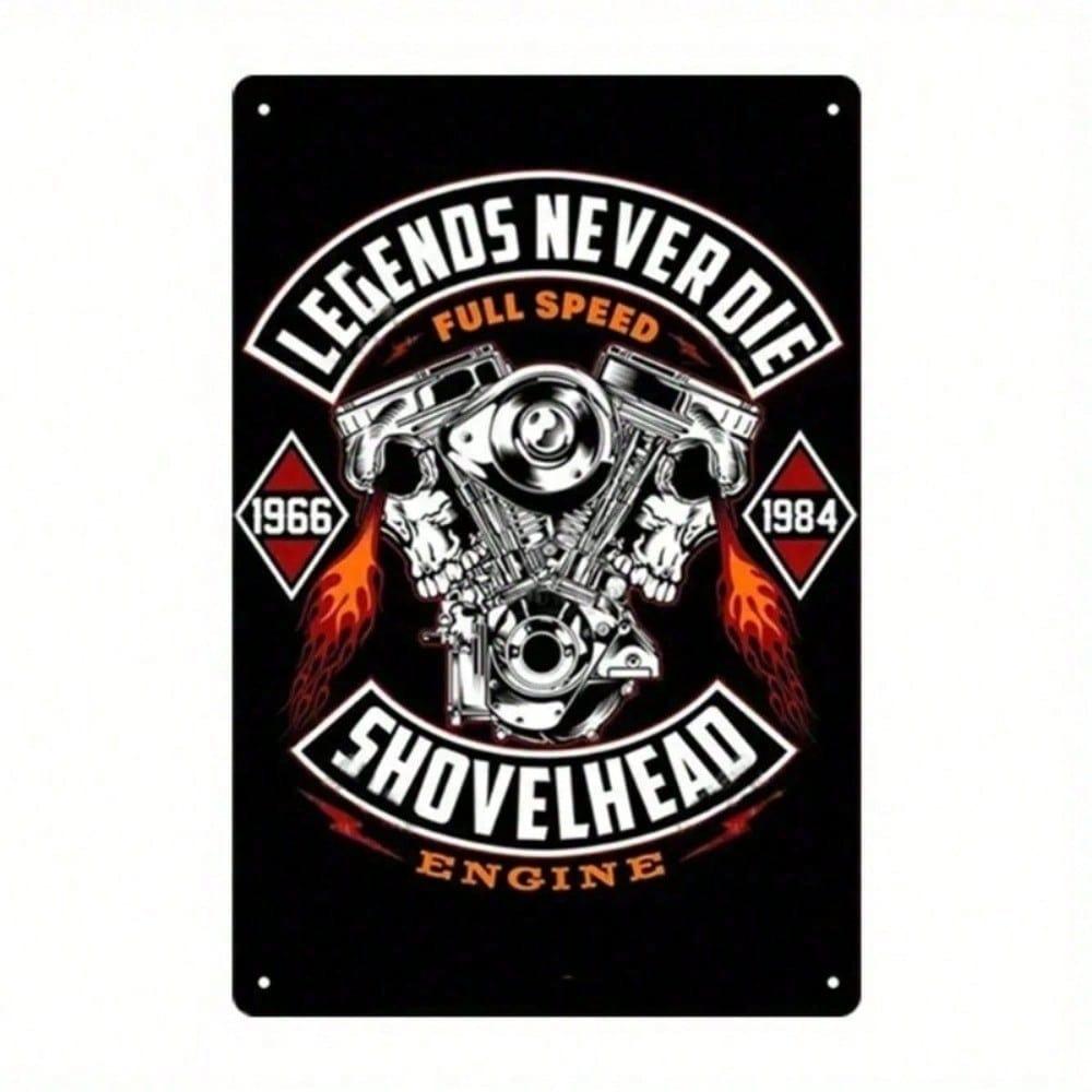 Shovelhead Legendz 1965 Металлическое настенное искусство Красное пламя Декор гаража Легенды никогда не умирают Табличка
