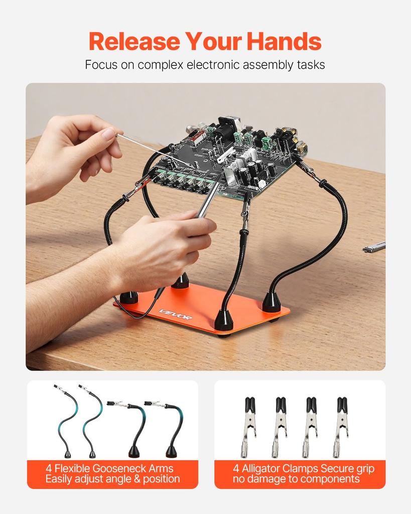 VEVOR Magnetic Helping Hands Soldering Station, 4 Flexible Arms Third Hand Tool, with 6 PCB Pillar Holders & 360 Hot Air Gun Holder