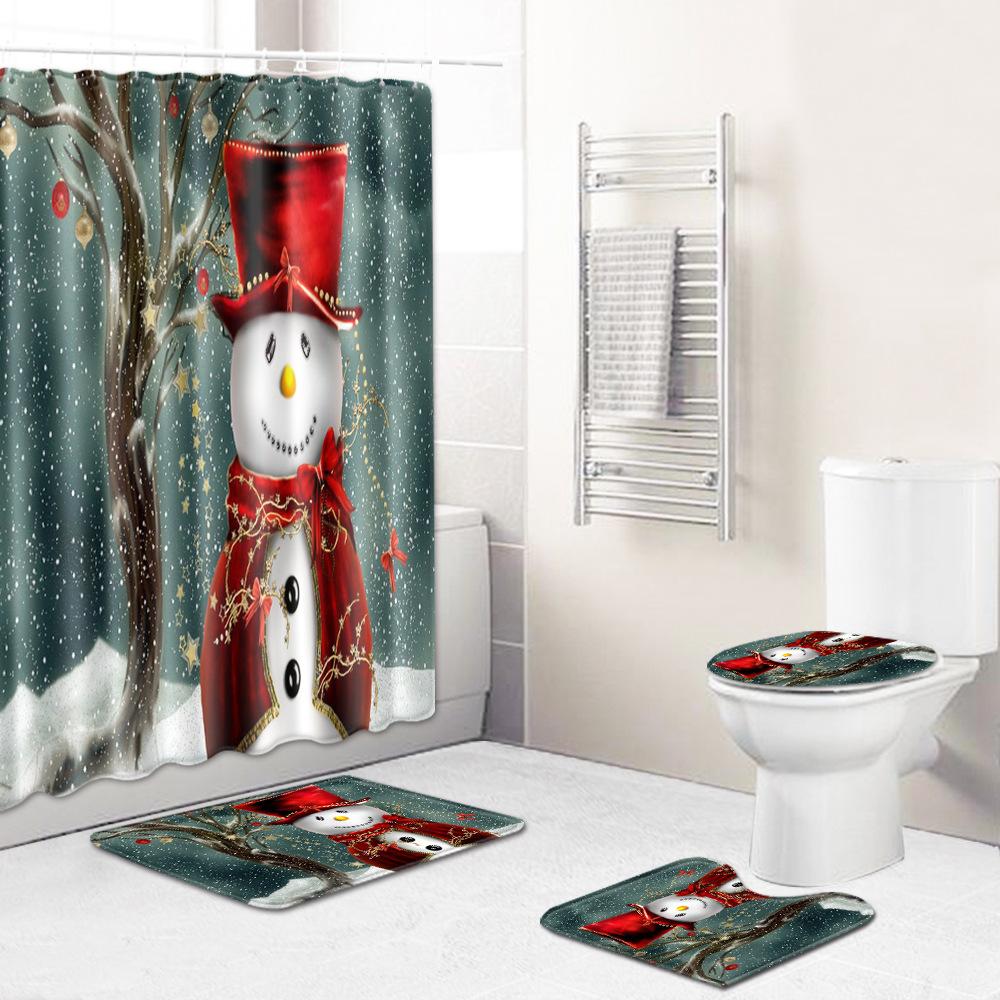 Christmas Home Shower Curtain Polyester Cloth Four-Piece Toilet Floor Mat Bathroom Non-Slip Door Mat Bedroom Carpet
