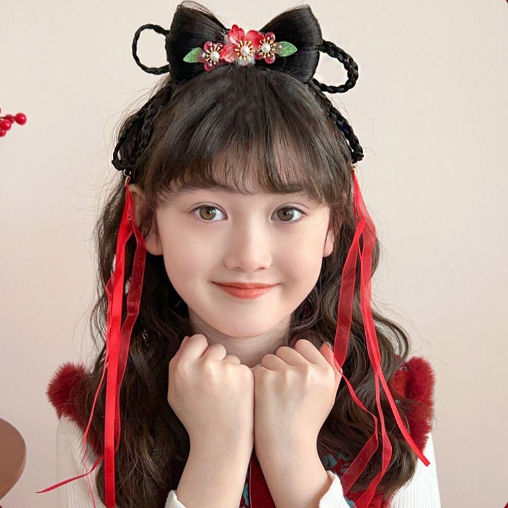 Tassel Children Wig Headband Flower New Year Hair Accessories Hanfu Headwear  Year of the Horse