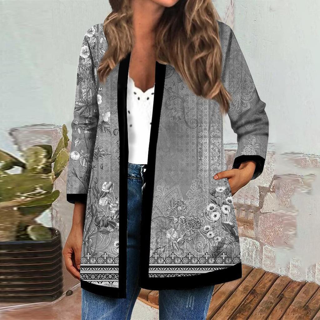 Women's Fall And Winter Fashion Casual Printed Long Sleeve Mid-Length Cardigan Jacket