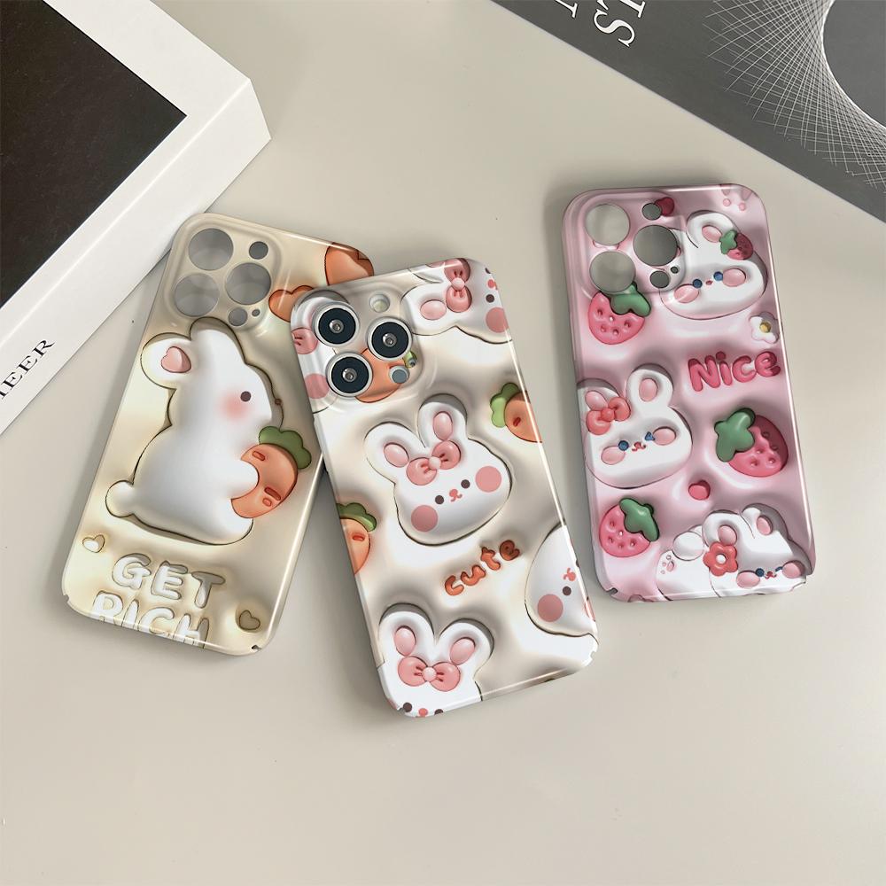 For iPhone 16 Samsung S23 A23 A52 A33 A73 A53 Huawei Xiaomi Redmi OPPO Vivo White Rabbit Design Flowers Design Full Camera Protect Hard Phone Case