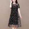 Women's Gauze Spliced Midi Dress Female Casual Round Short Sleeve Printed A-Line Summer New Fashion Fake Two Pieces