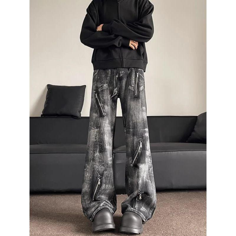 Мужские винтажные прямые джинсы Y2k с несколькими молниями и высокой талией, повседневные расклешенные джинсовые брюки, уличная одежда