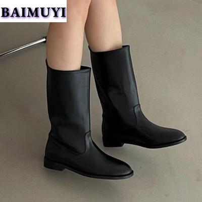 Высокие сапоги на плоской подошве, женские брендовые роскошные туфли, зима 2025, новые ботинки челси до середины голени, ретро-модные кожаные повседневные панк-ботинки женские