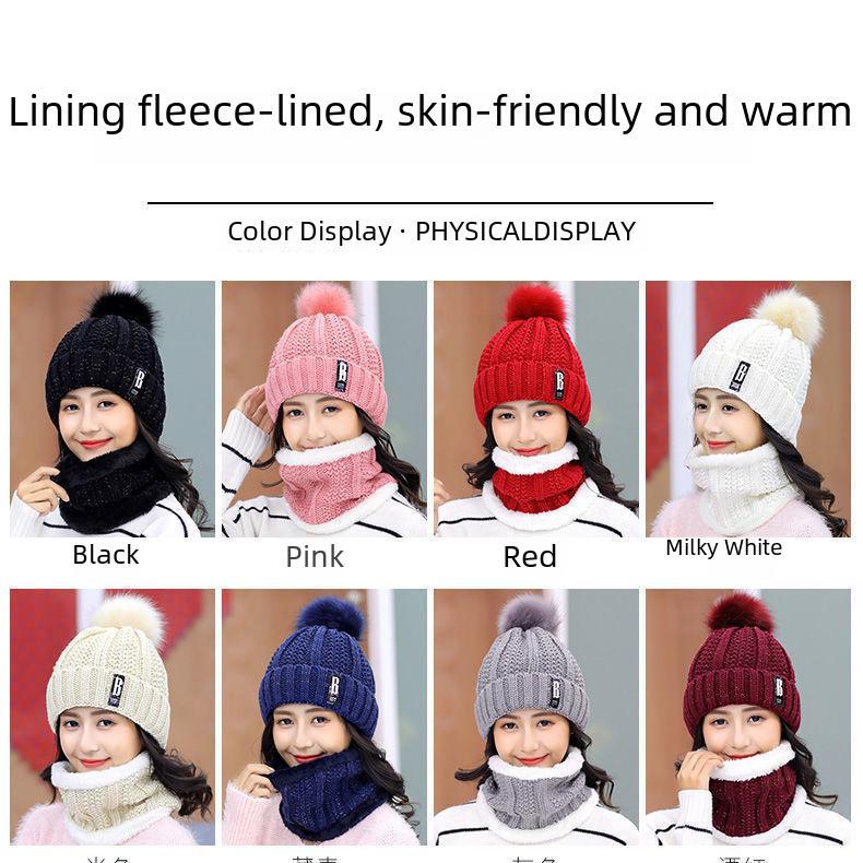 Women's Winter Knitted Wool Hat with Velvet Lining and Fashionable Scarf Set