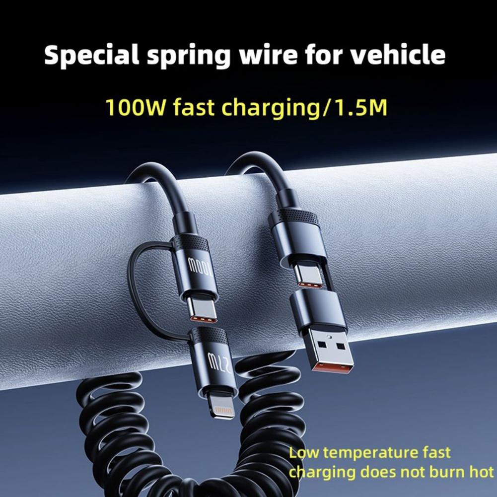 4 In 1 USB C To USB C And Lighting Coiled Charging Cable For Vehicle 100W Fast Charging & Data Transfer Safe Fast Charging