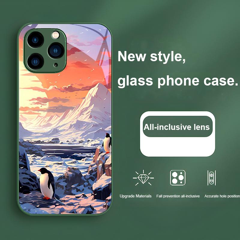 Sunshine Penguin Gold Purple For Iphone 16 Plus 15 14 13 12 Mini 11 Pro Max X XS XR 7 8 Plus 2022 Tempered Glass Phone Case