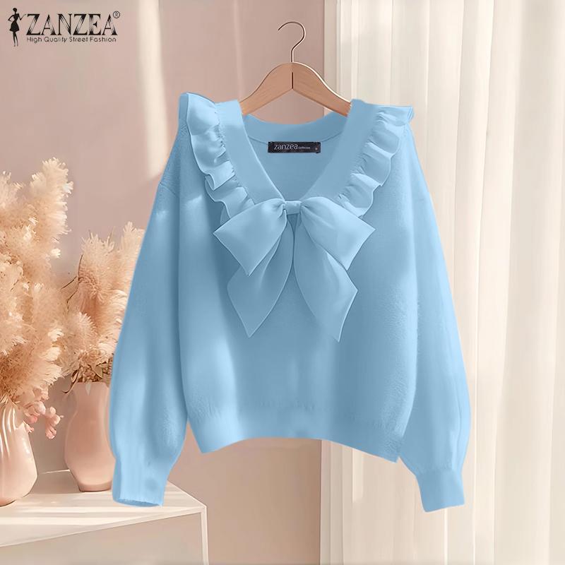 ZANZEA Women Bows Splice V-Neck Casual Long Sleeve Blouse