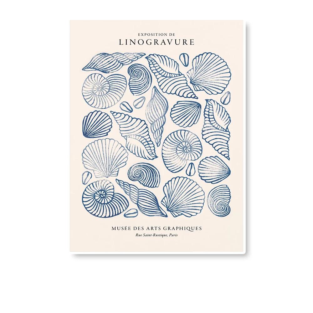 Vintage Blue Coastal Decor Posters, Conch Seashell Wall Arts Prints, Summer Ocean Themed Prints Blue Conch Posters Unframe