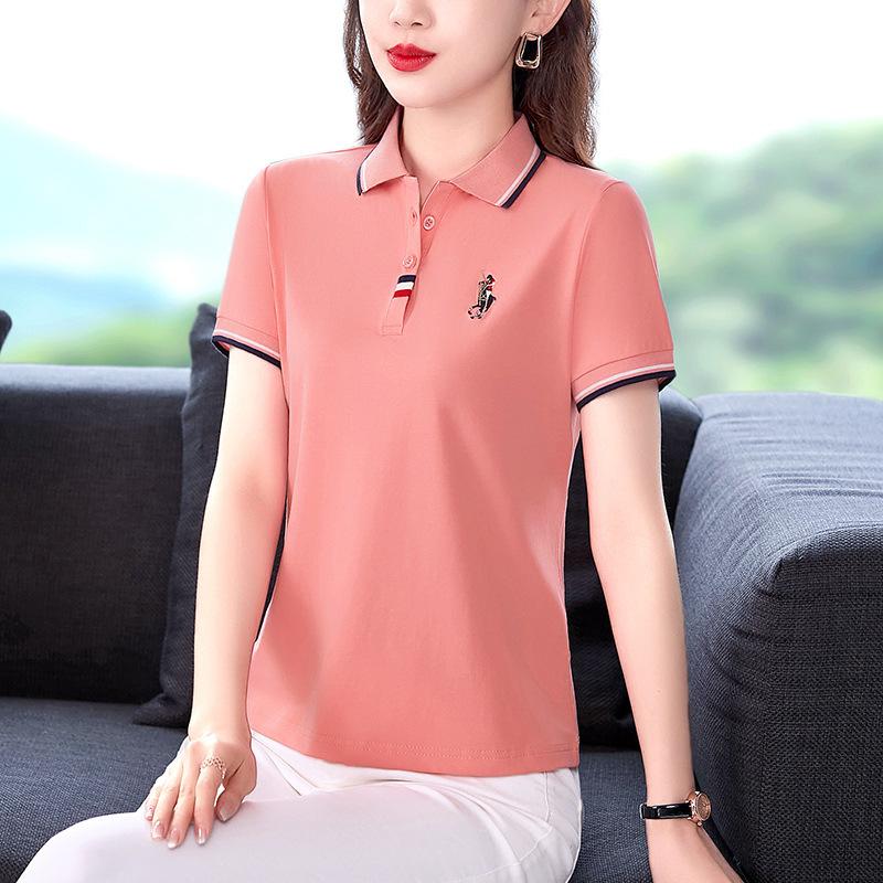 Новая летняя футболка-поло с лацканами для женщин, летняя свободная повседневная футболка с коротким рукавом для мам, большой размер
