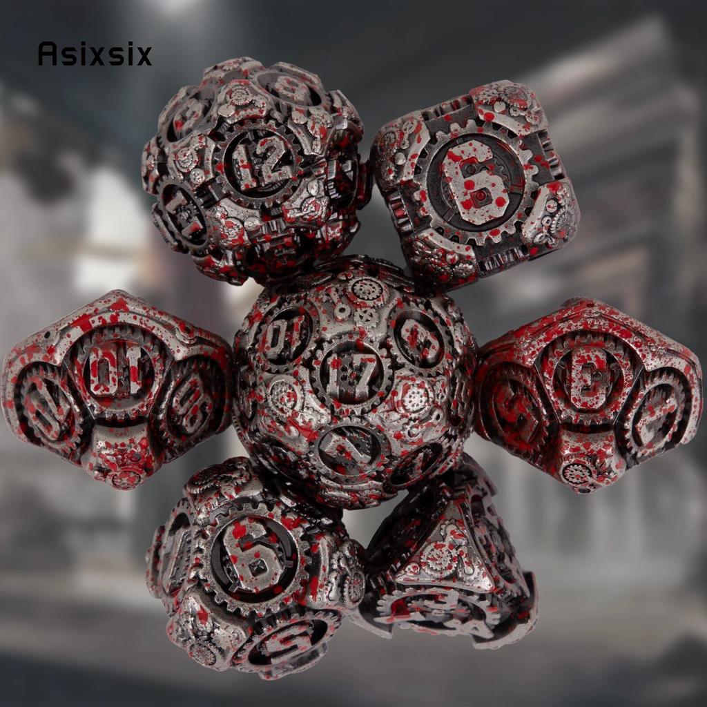7 Pcs Silver Red Gear Wheel Metal Dice Solid Metal Polyhedral Dice Set Suitable for Role-Playing RPG Board Game Card Game