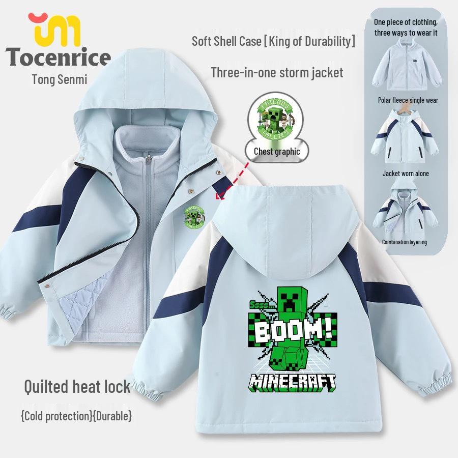 Детская ветровка Minecraft, средний/большой размер, с мультяшным принтом: Мягкаяshell куртка 3-в-1 Осень/Зима