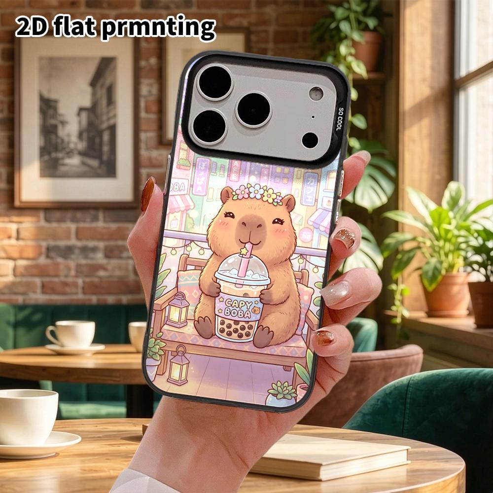 Чехол для телефона: 2D плоский, подходит для iPhone 18, 17, 16, 15, 14, 13Pro, красочный серебристый защитный чехол, парный стиль, капибара пьет молочный чай, Рождест