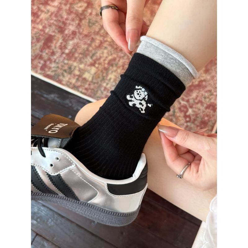 Embroidered Animal Socks Women's Spring and Autumn Cotton Tube Socks Tide Internet Celebrity Stockings Women's Summer Thin