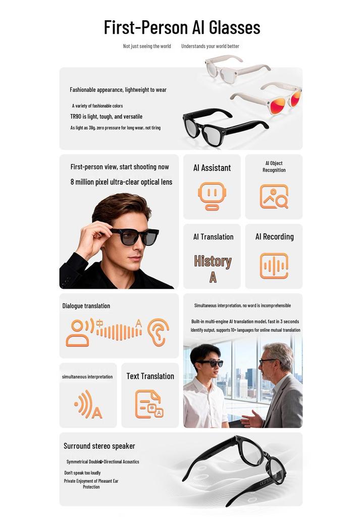 MT3 AI Smart Glasses: Real-time Translation, Video & Photo Capture, Object Recognition, Calls, Music, Bluetooth Retro Earphones