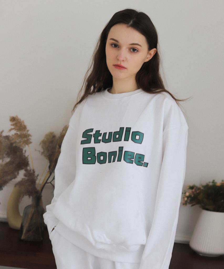 BONIEE [Fleece Lined] Block Typo Graphic Oversized Sweatshirt White
