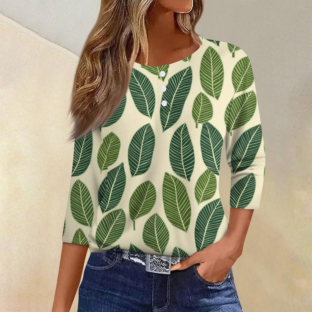 Women's T Shirt Tee Print Button 3/4 SleeveDaily Weekend Fashion Basic V- Neck Regular Top