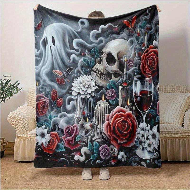1pc Skulls Roses Candles and Wine Blanket  Soft, Warm Cozy Bedding Decor, Living Room, Travel, Camping, Car Blankets