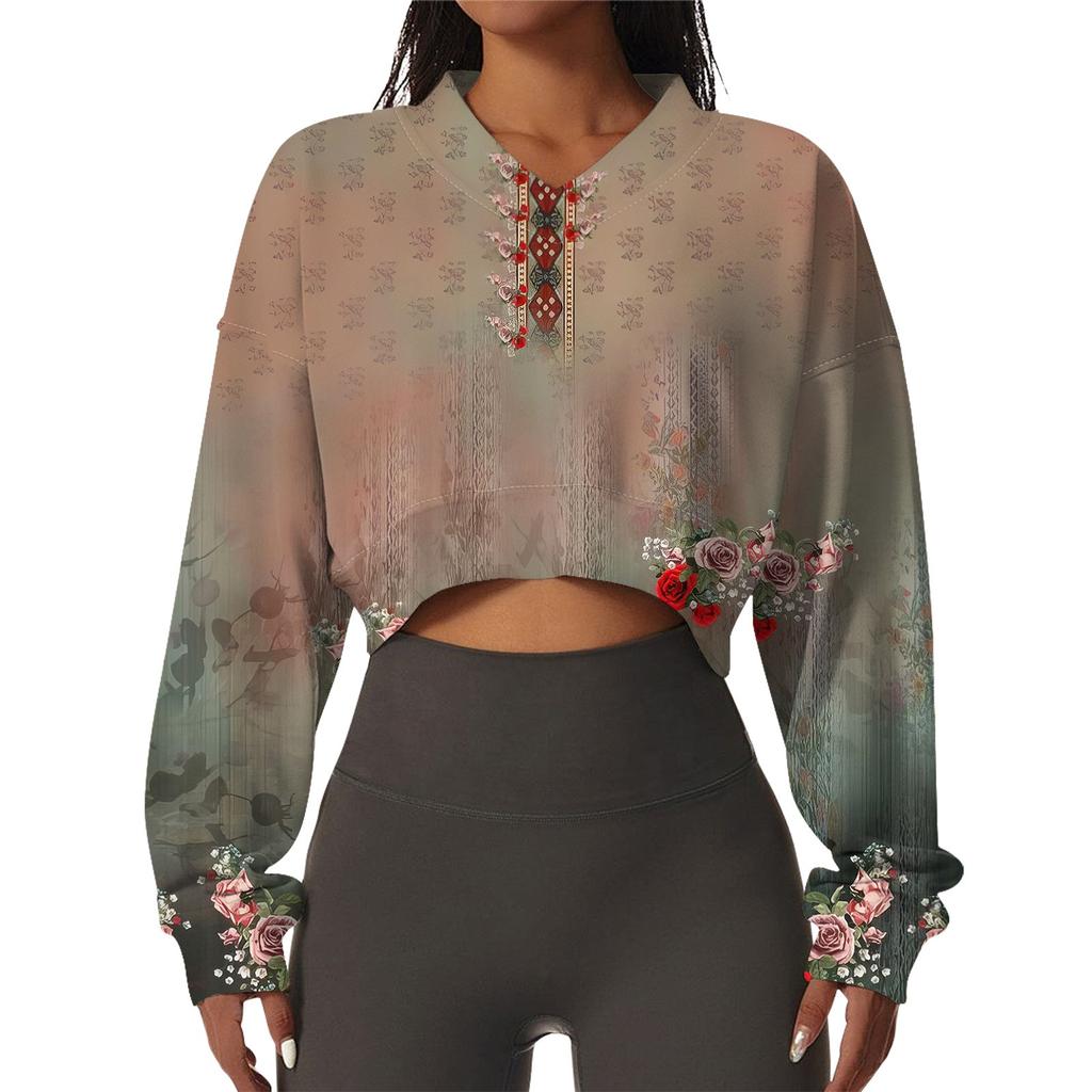 Женская повседневная модная сексуальная удобная спортивная толстовка с V-образным вырезом и длинным рукавом с цветочным принтом